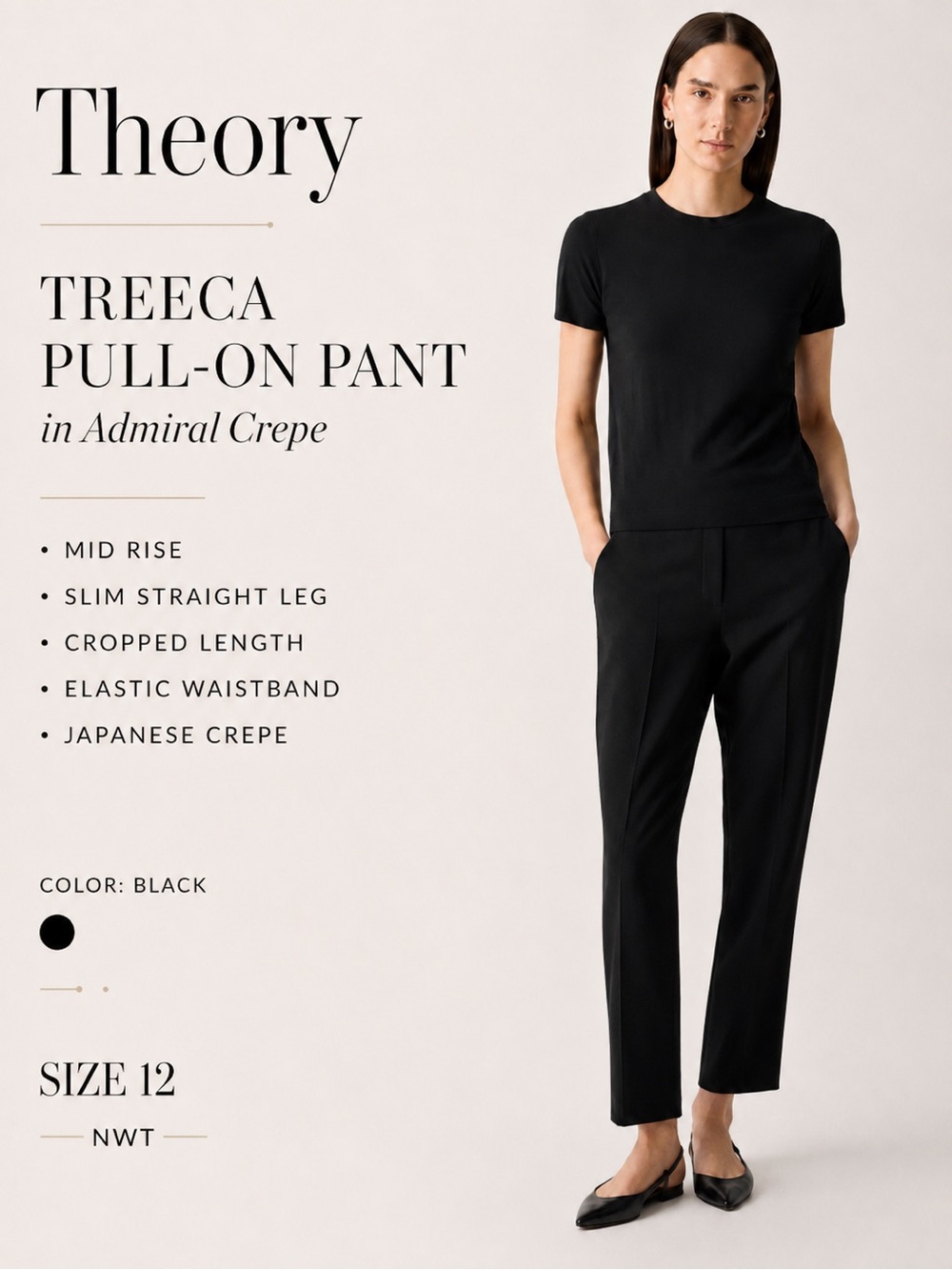 Theory Treeca Pull-On Pant‎ Admiral Crepe Black Size 12 NWT